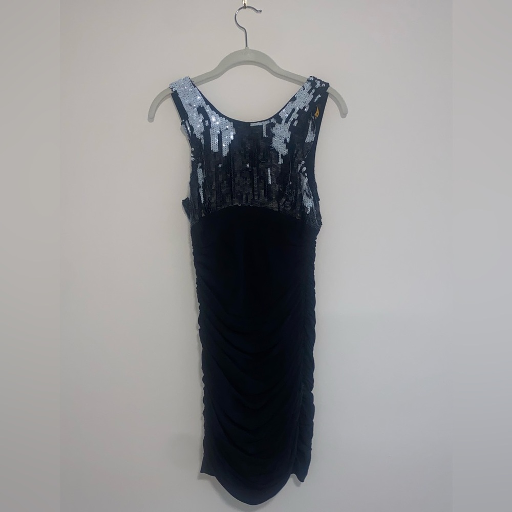 Black & sequined, ruched body-com A+O cocktail dress